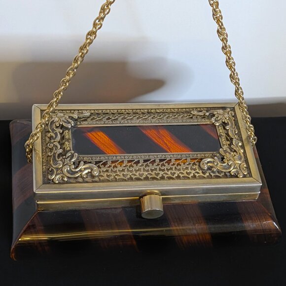Wow TYROLEAN Amber & Black Lucite and Brass Purse from the 1950s, w/ Mirror - Picture 2 of 10